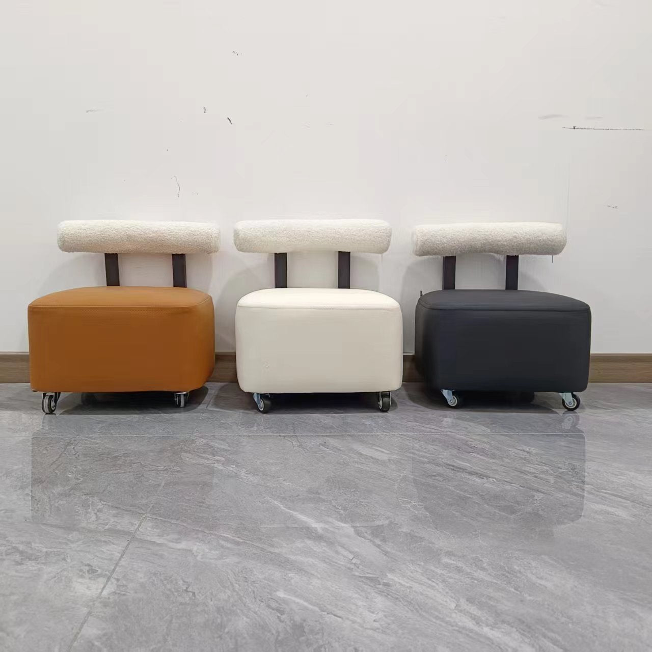 Home Use Mini Stool with Backrest & Omni-Directional Wheels - Minimalist, High-Resilience, Mobile Rolling Stool for Living Room (Multiple Fabric Options)